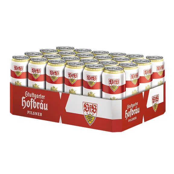 Ein Tray mit 24 Getränkedosen in limitierter Edition im VfB Stuttgart Design